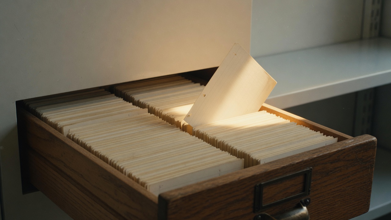 An oak card-catalogue drawer pulled halfway open, packed with cream index cards, one card lifted into a shaft of warm light