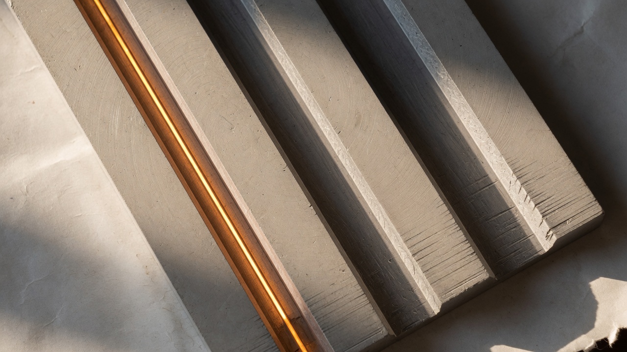 Three parallel machined channels in a pale aluminium block, the narrowest carrying a continuous thread of warm light