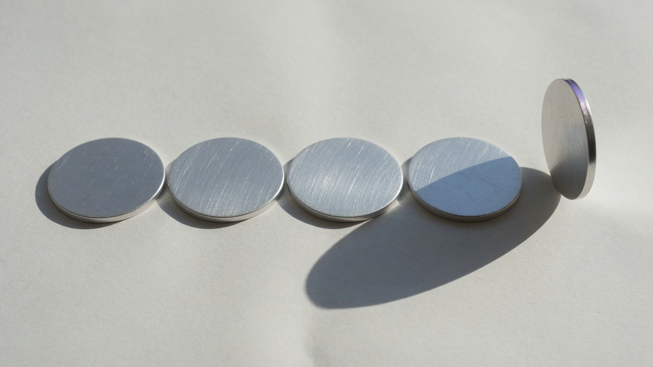 Five brushed aluminium discs in a row on off-white paper, the fifth standing on its edge and casting a long shadow
