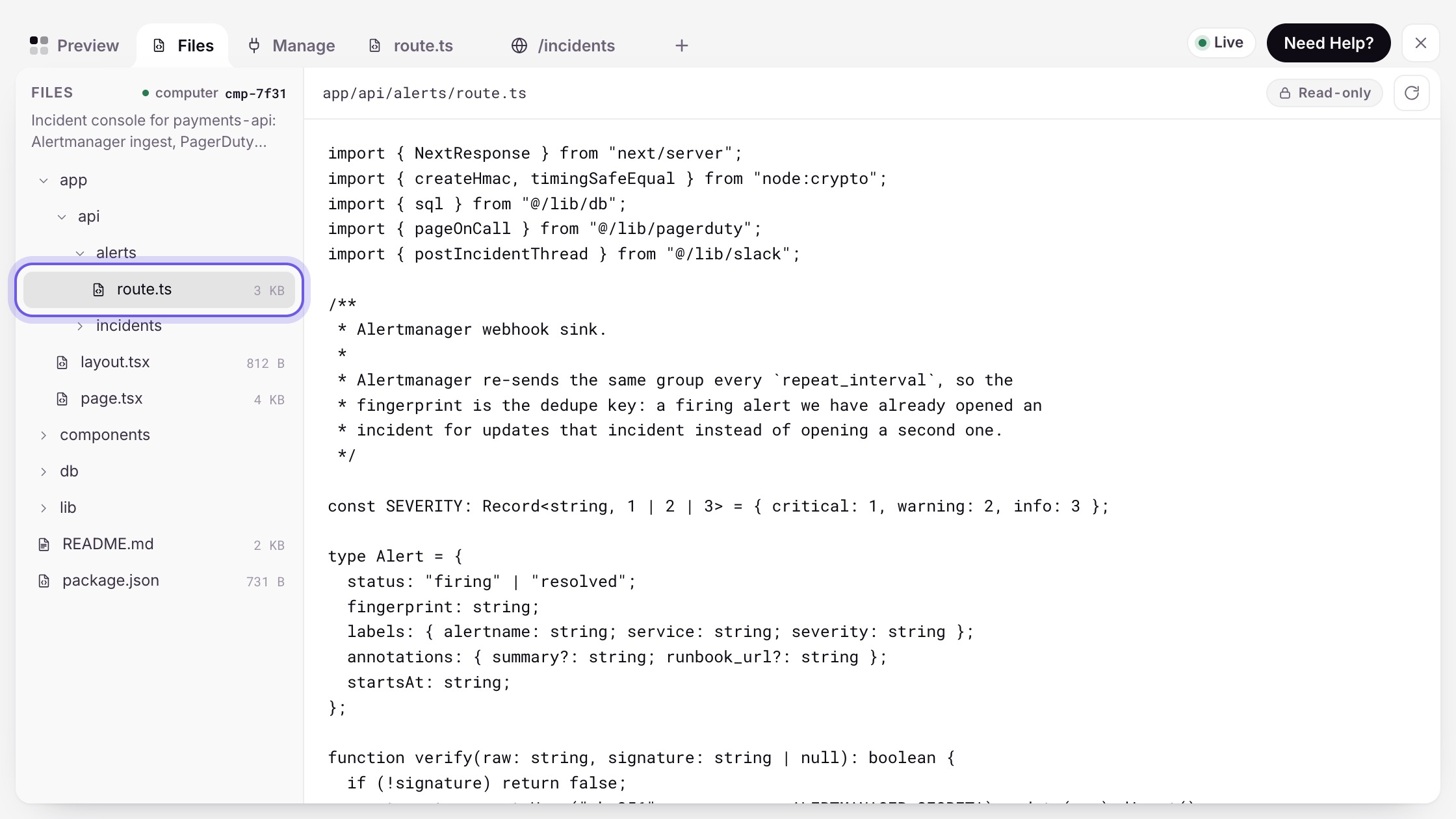 The Build file tree beside the editor, showing the change the agent made