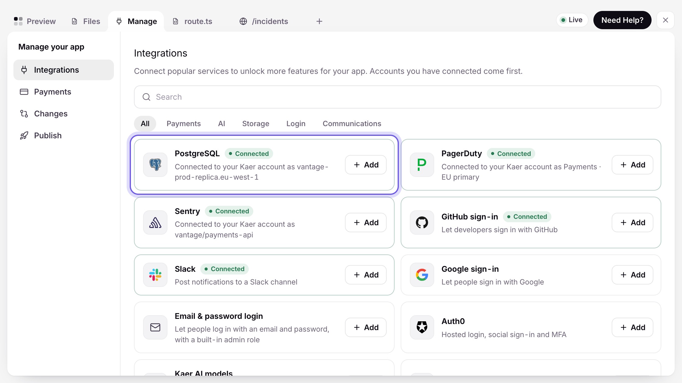 The integrations catalogue: Postgres, Sentry, Slack, GitHub and Google sign-in, each one click to connect