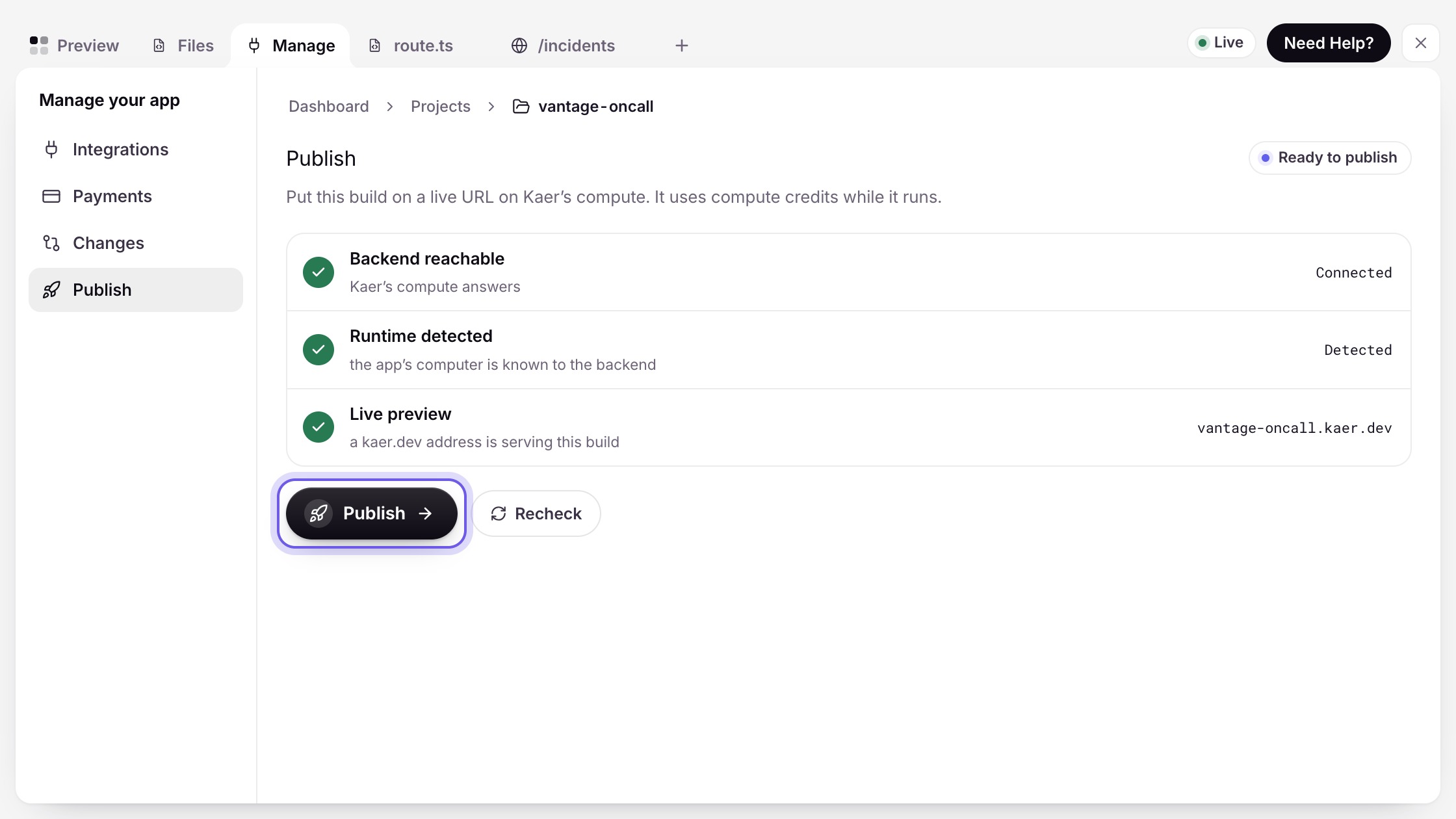 The publish checklist: backend reachable, runtime detected, live preview served, ready to ship