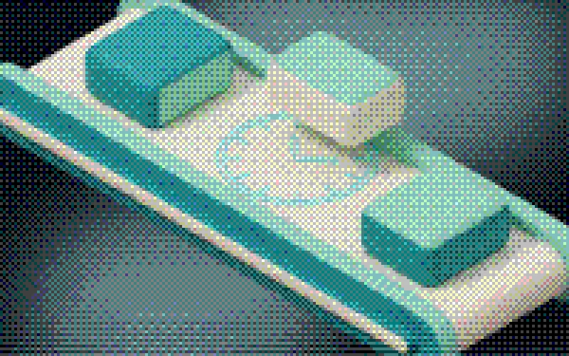 Isometric blocks travelling along a rail, a clock face drawn on the rail surface