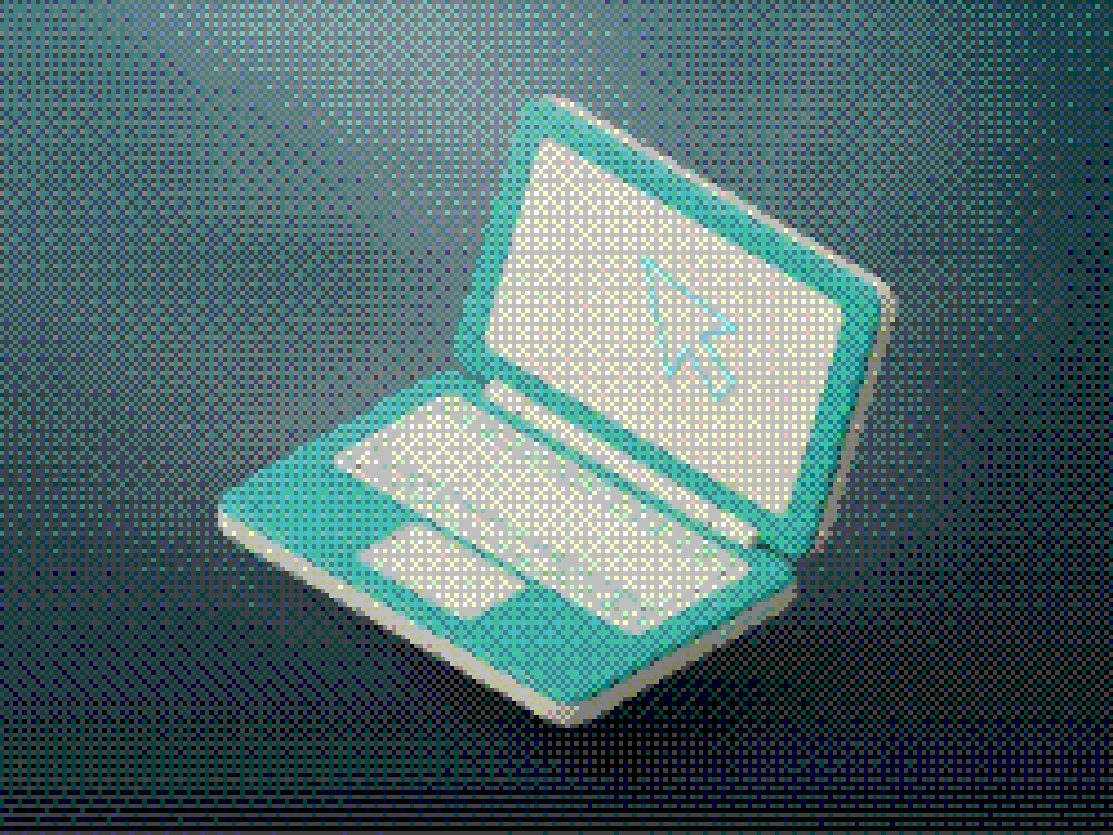 An isometric laptop with a blank screen and a cursor drawn on it