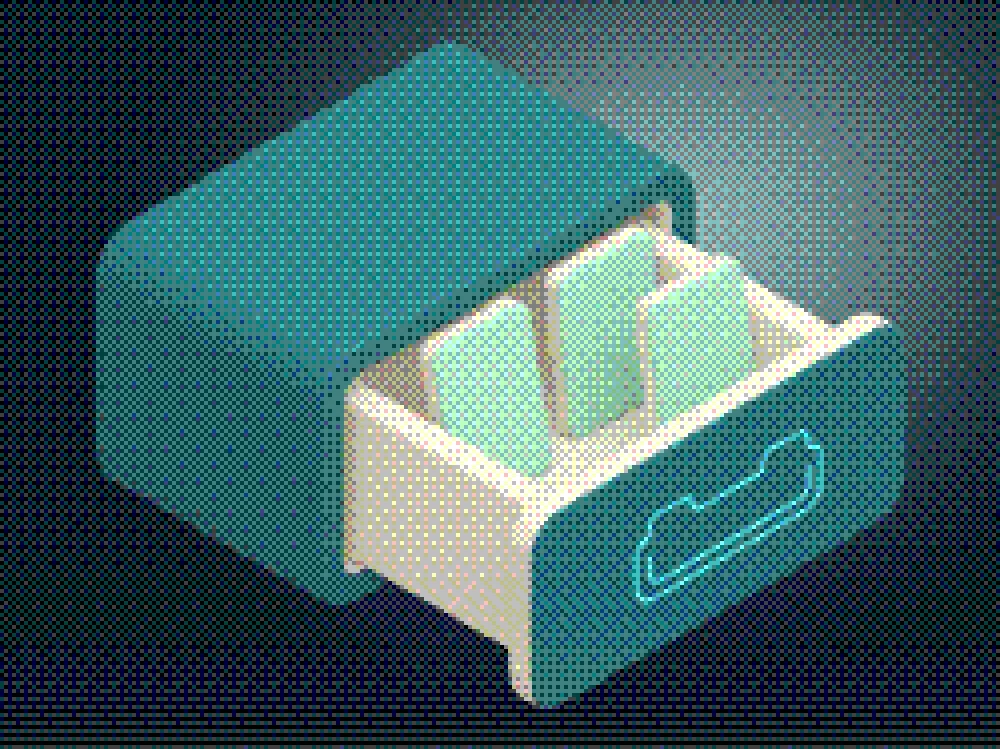 An isometric drawer pulled half open with record cards standing inside