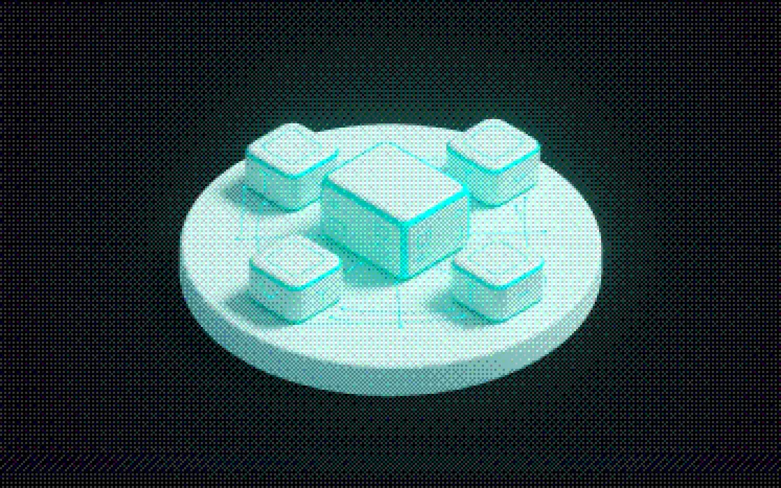Four isometric blocks ringed around one larger central block on a round plate, thin lines linking each to the centre