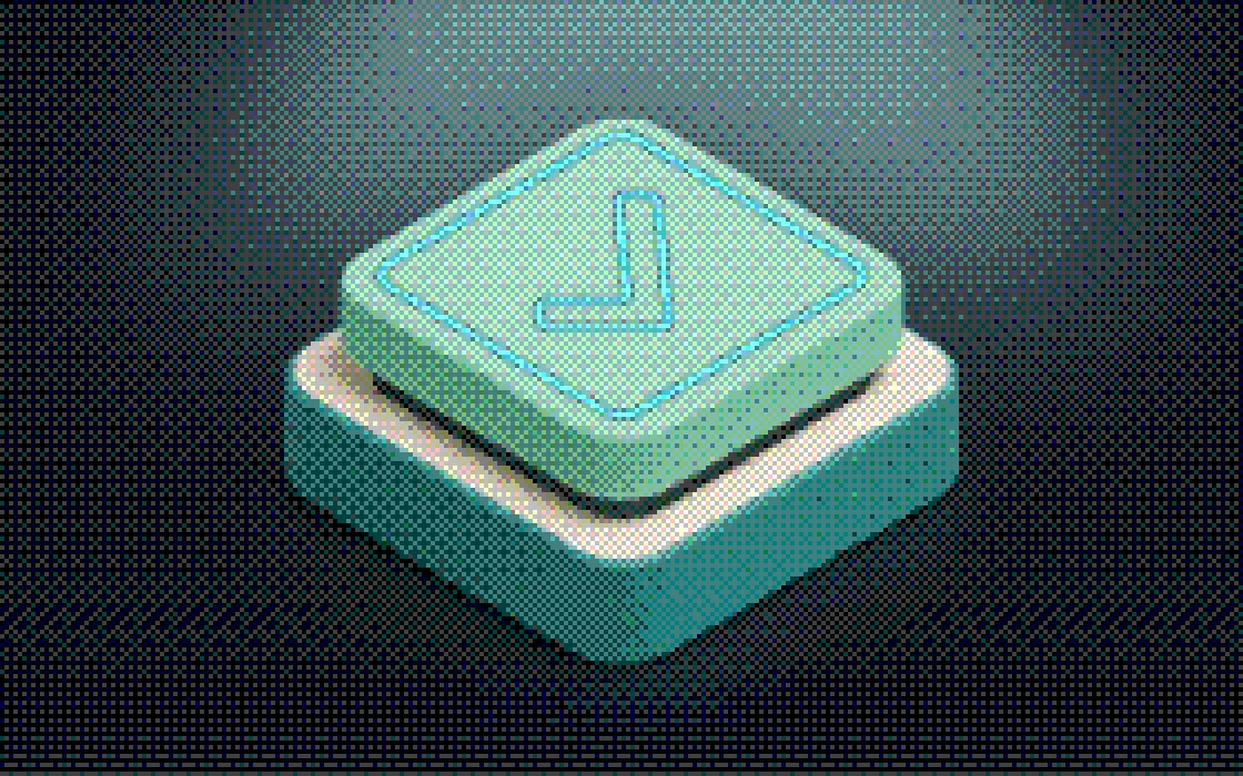 An isometric approval button caught mid-press, a tick drawn across its face