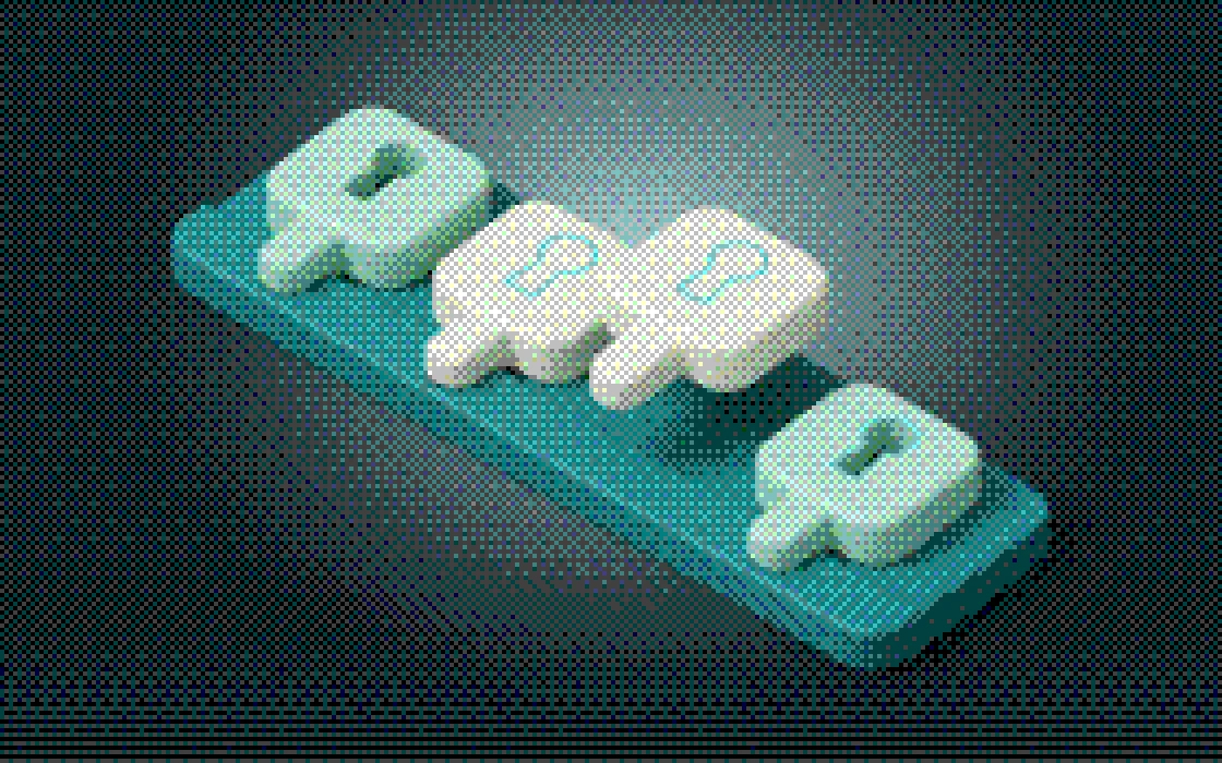 A row of isometric keys on a rail, one raised above the rest