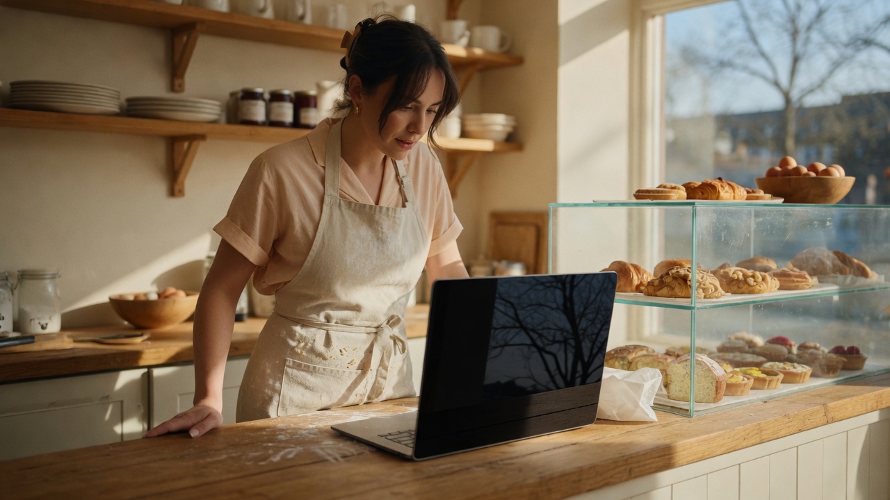 A baker behind the counter working at a laptop between trays of pastries