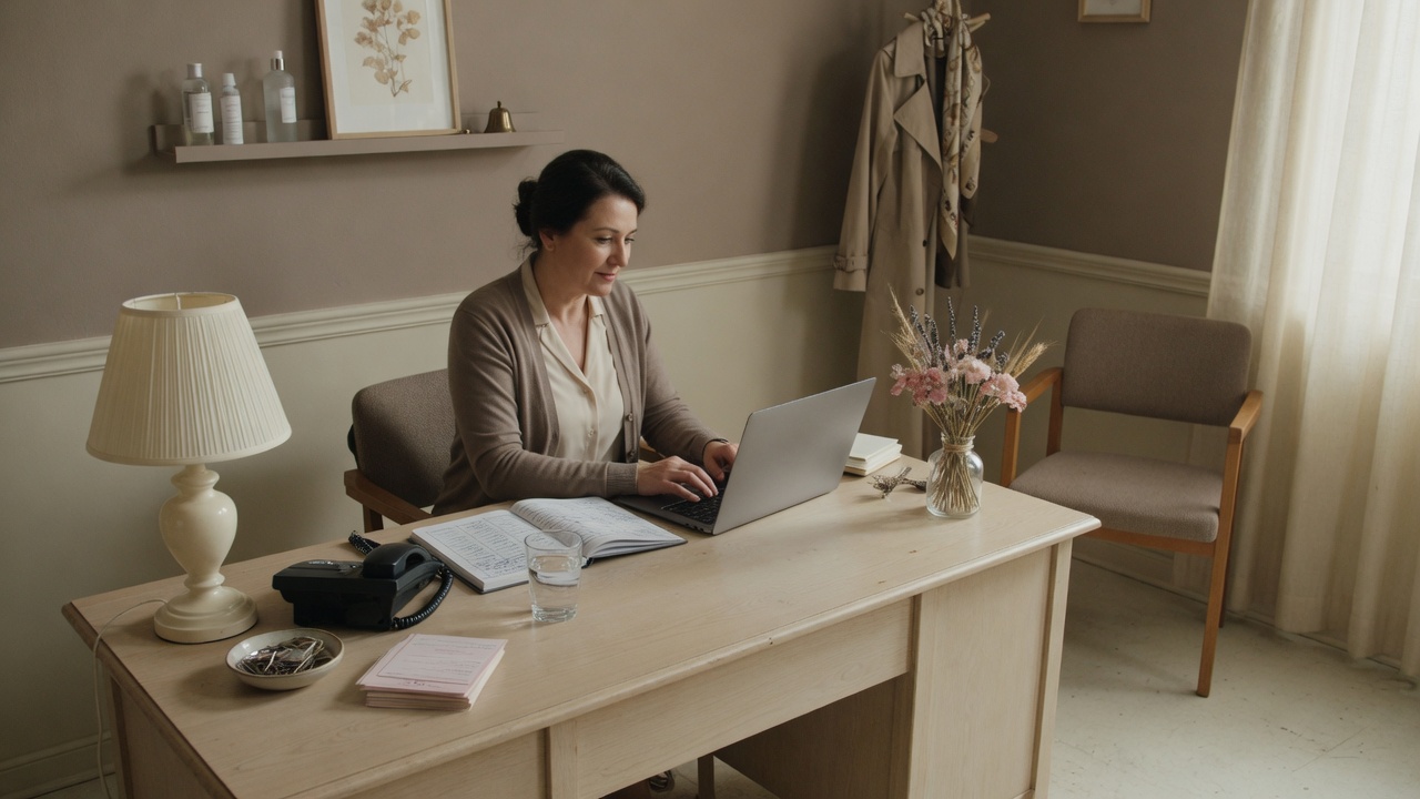 A salon owner at a desk with a laptop, appointment book and phone