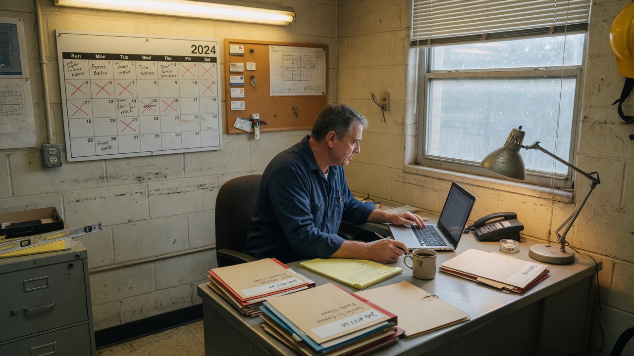 A workshop owner at a cluttered desk working through a stack of paperwork on a laptop