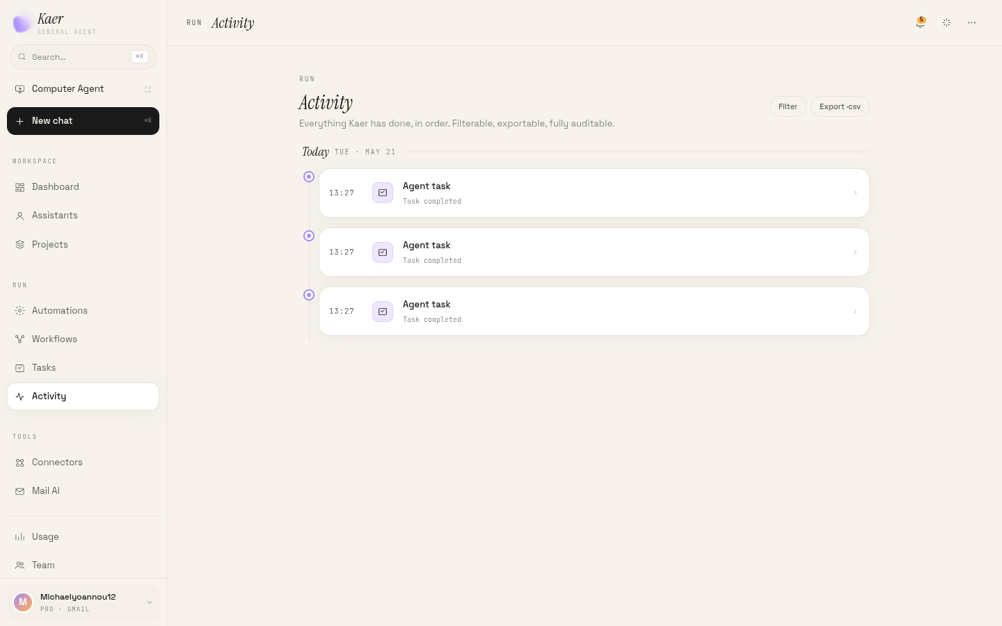 The activity log: every action the agent took, timestamped and attributable