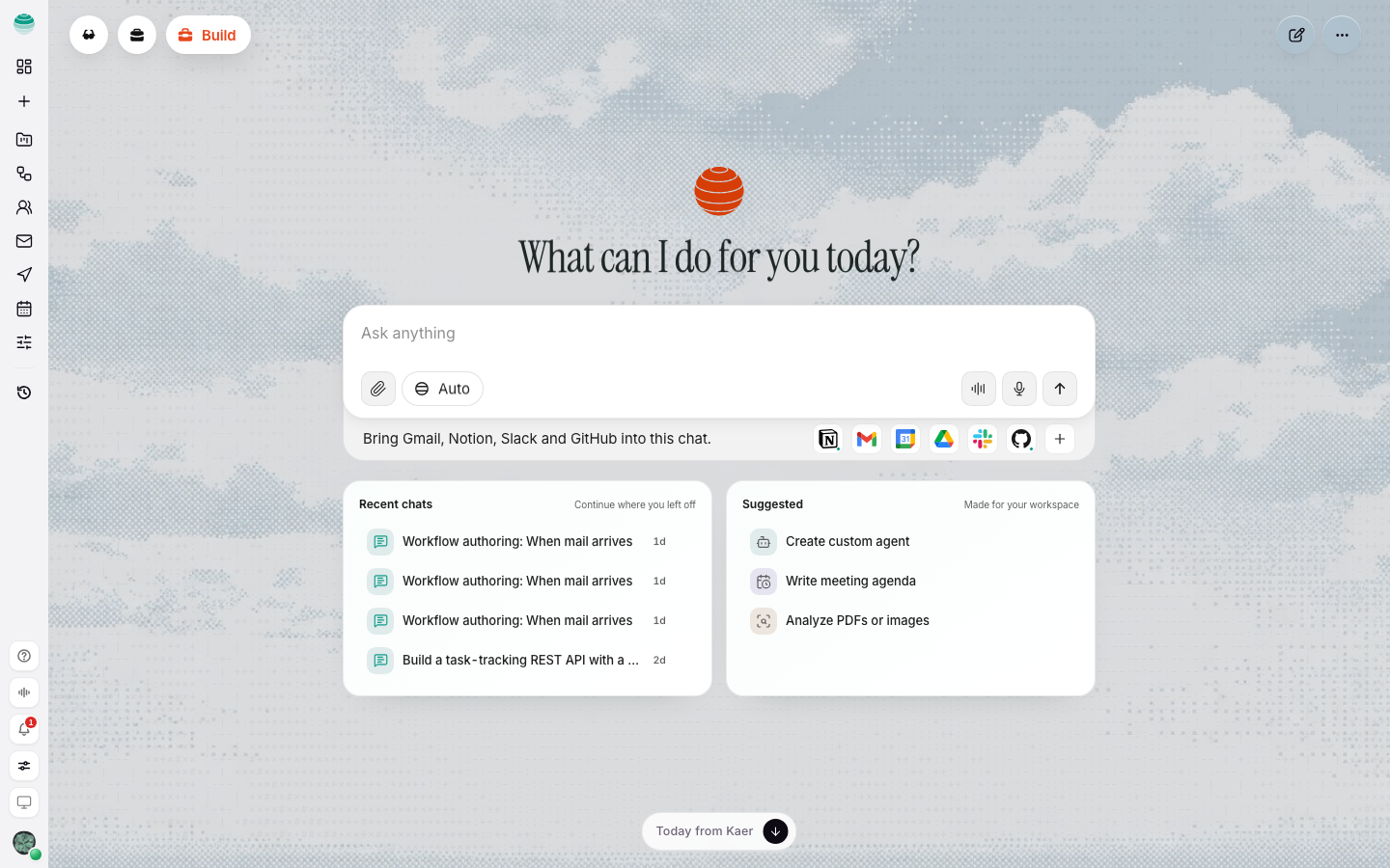 The Kaer dashboard with the prompt box and today's suggestions