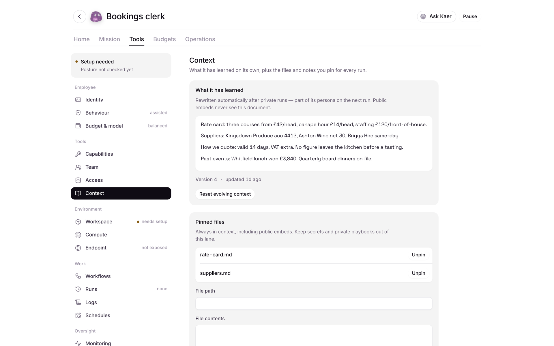 An AI employee's context panel: what it has learned, its pinned files and its rate card