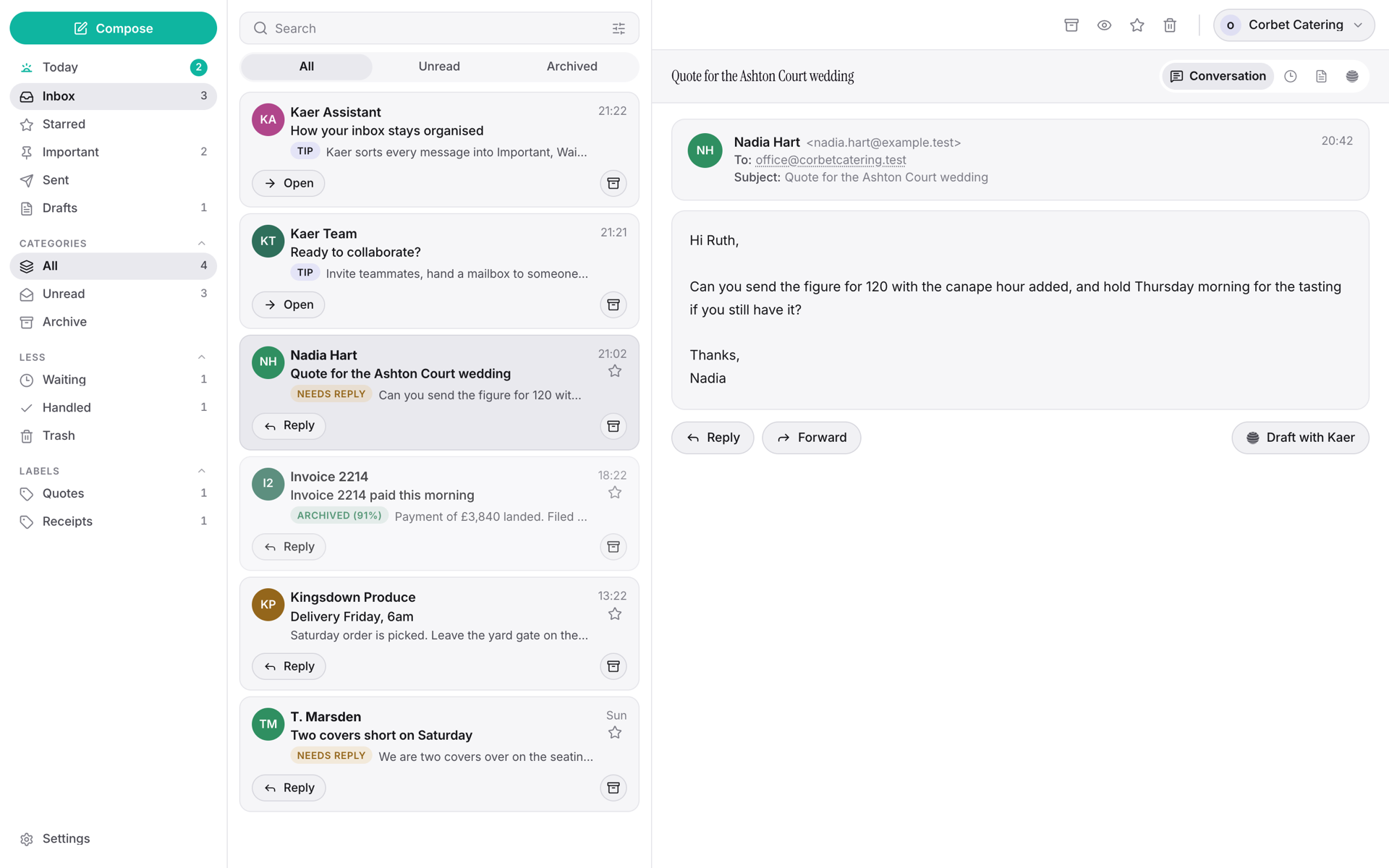 The Kaer mail inbox: folders, a triaged message list and a drafted reply held for approval