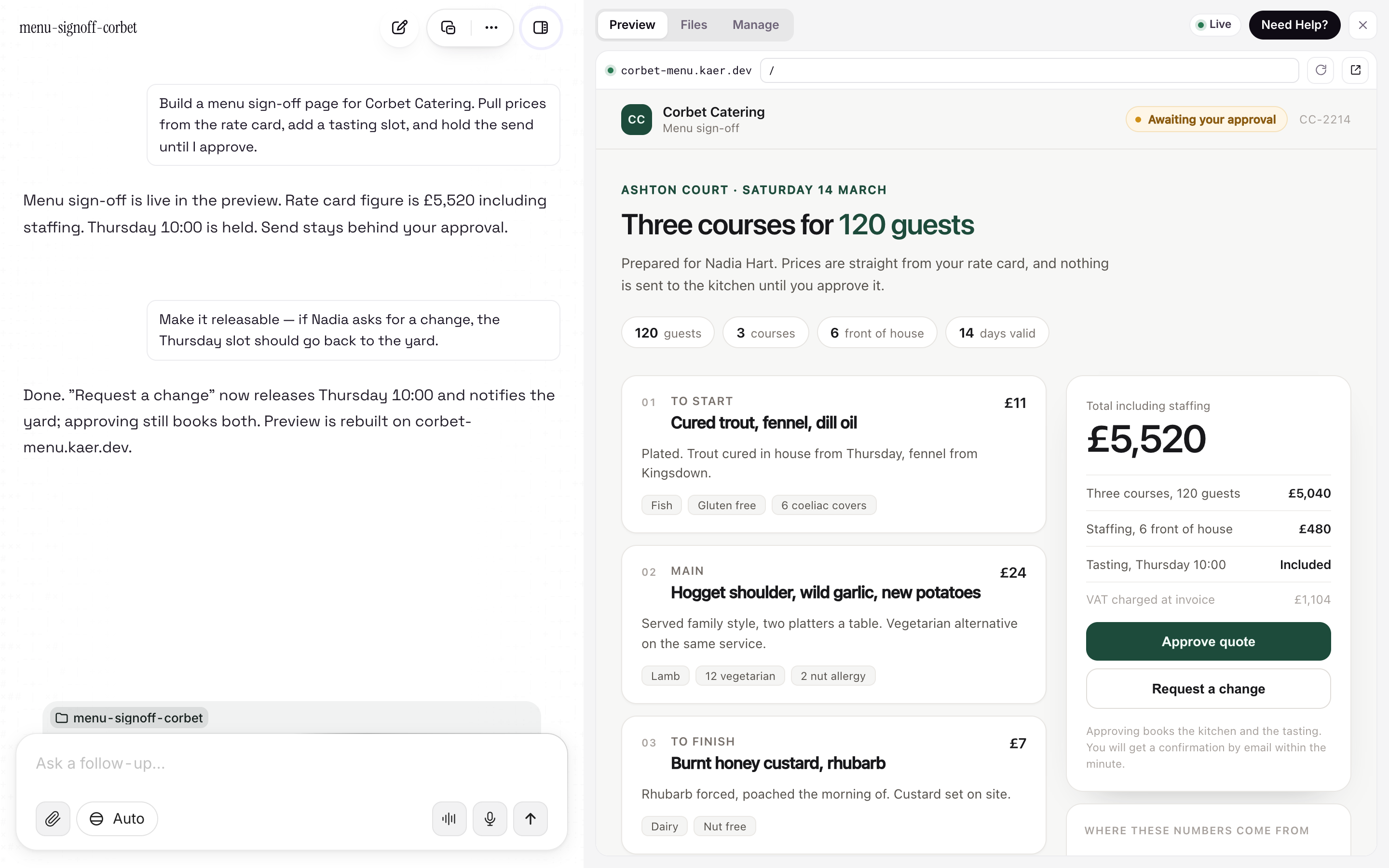 Operator building a page: the instruction thread on the left, the live preview on the right