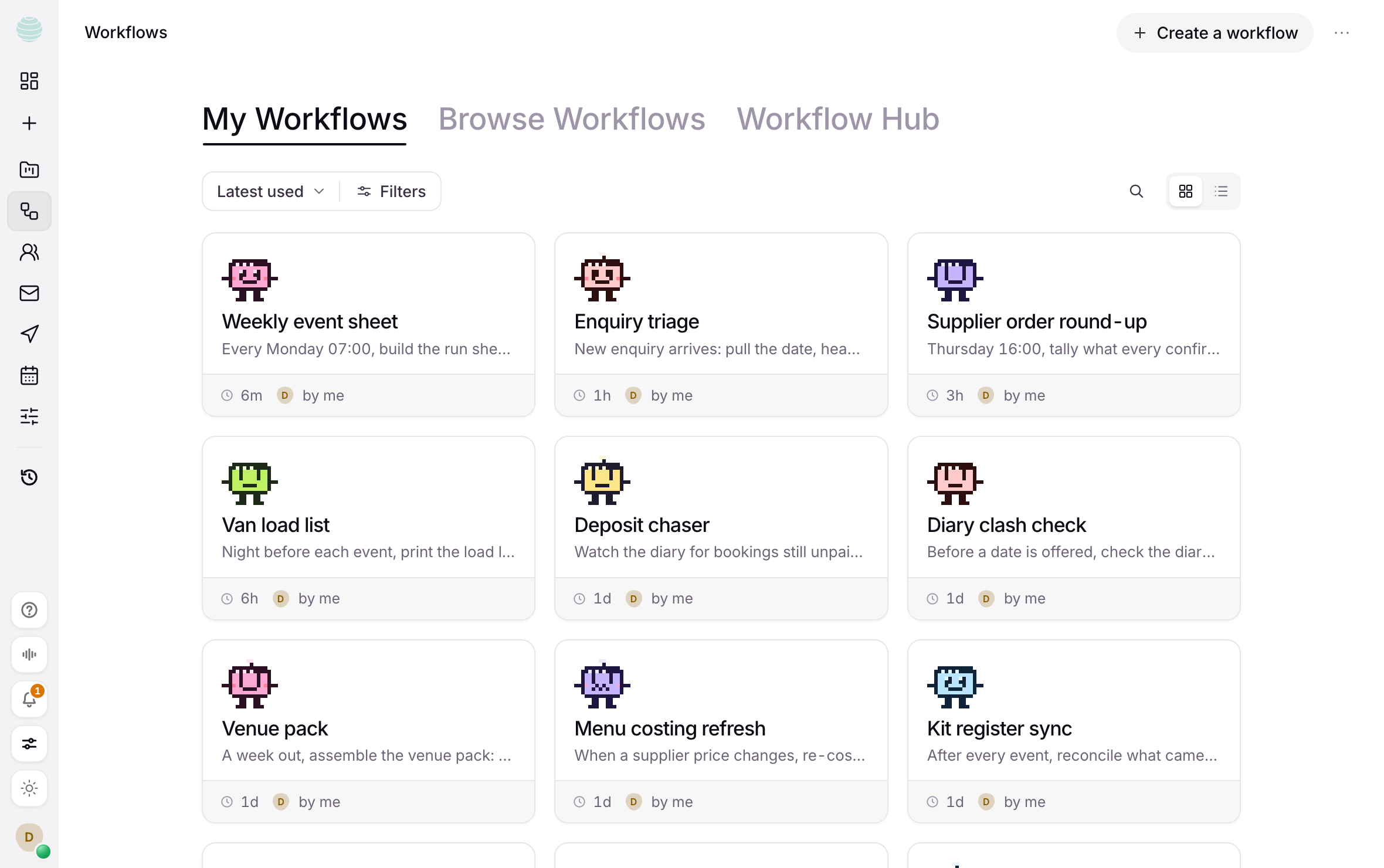 The workflows list in Kaer — a dozen named processes, each one a sentence describing what it does