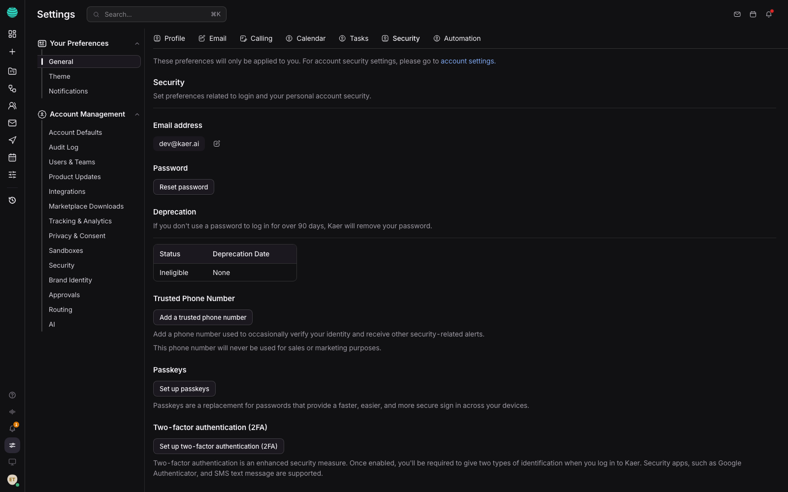 Account security settings: password, two-factor and active session controls